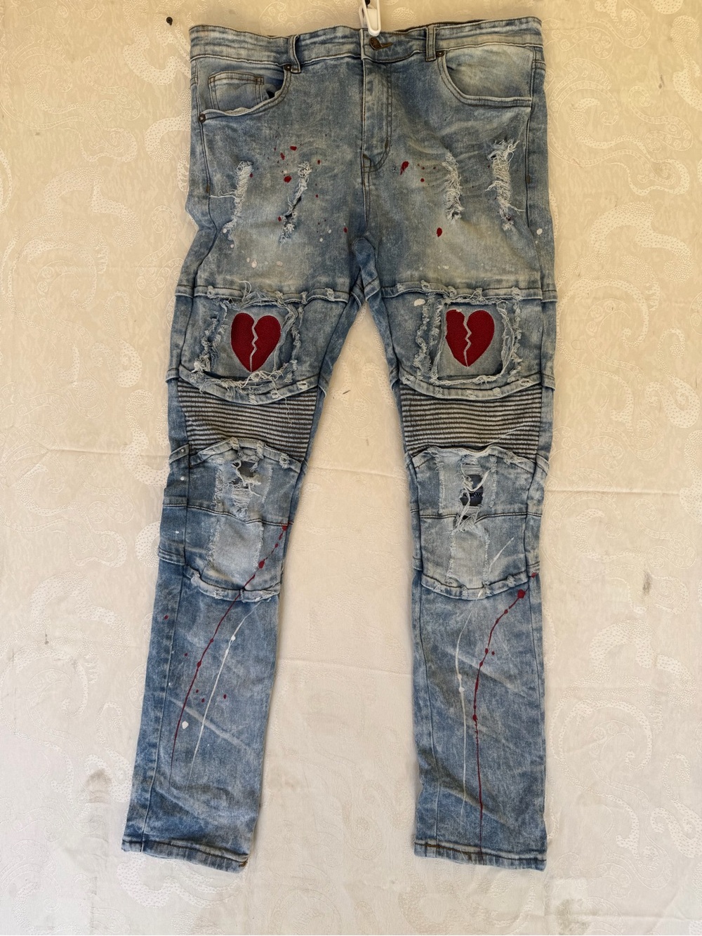 Men's Light Blue Skinny Distressed Jeans with Red Heart Knee Detail